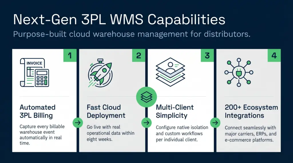 An educational, horizontal 16:9 infographic titled "next-gen 3pl wms capabilities" displayed on a deep blue background. The clean, flat vector layout features a structured four-column grid of white modular panels numbered one through four using sharp green accent blocks. Each panel contains a precise line-art icon and left-aligned text detailing a core warehouse management system capability: automated 3pl billing, fast cloud deployment within eight weeks, multi-client simplicity with custom workflows, and over 200 seamless ecosystem integrations.